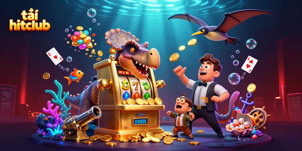 Engage with tải hitclub by witnessing a dinosaur-themed slot machine jackpot action scene!