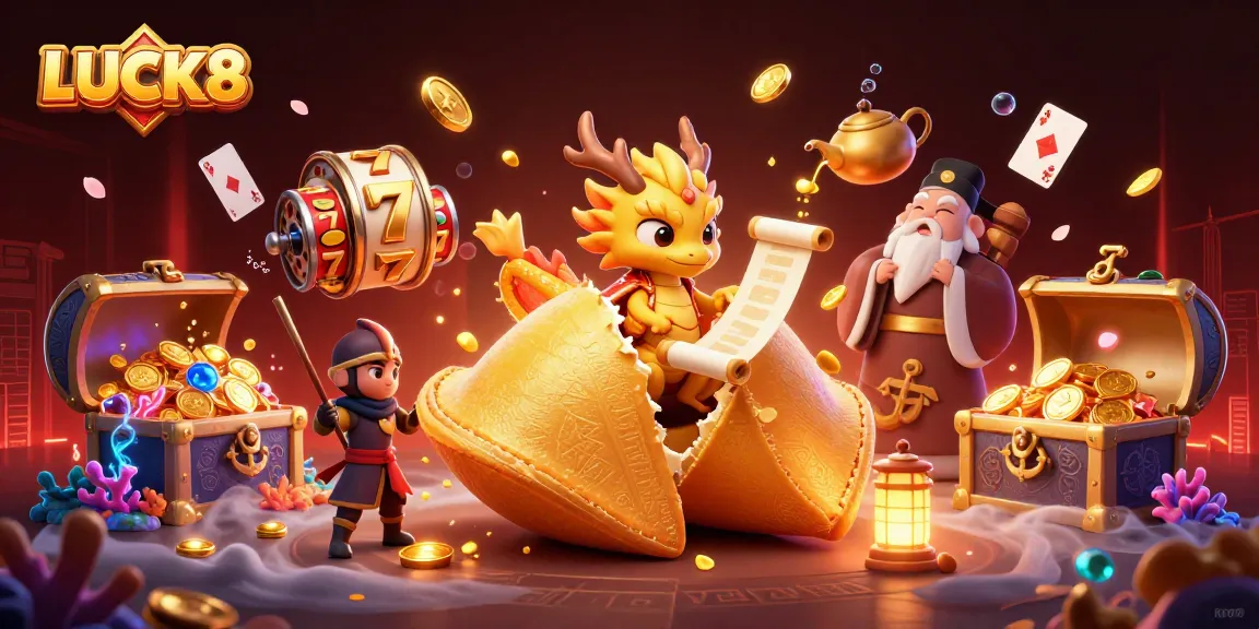 Experience LUCK8 gaming with a dynamic scene of fortune, treasures, and magical characters.