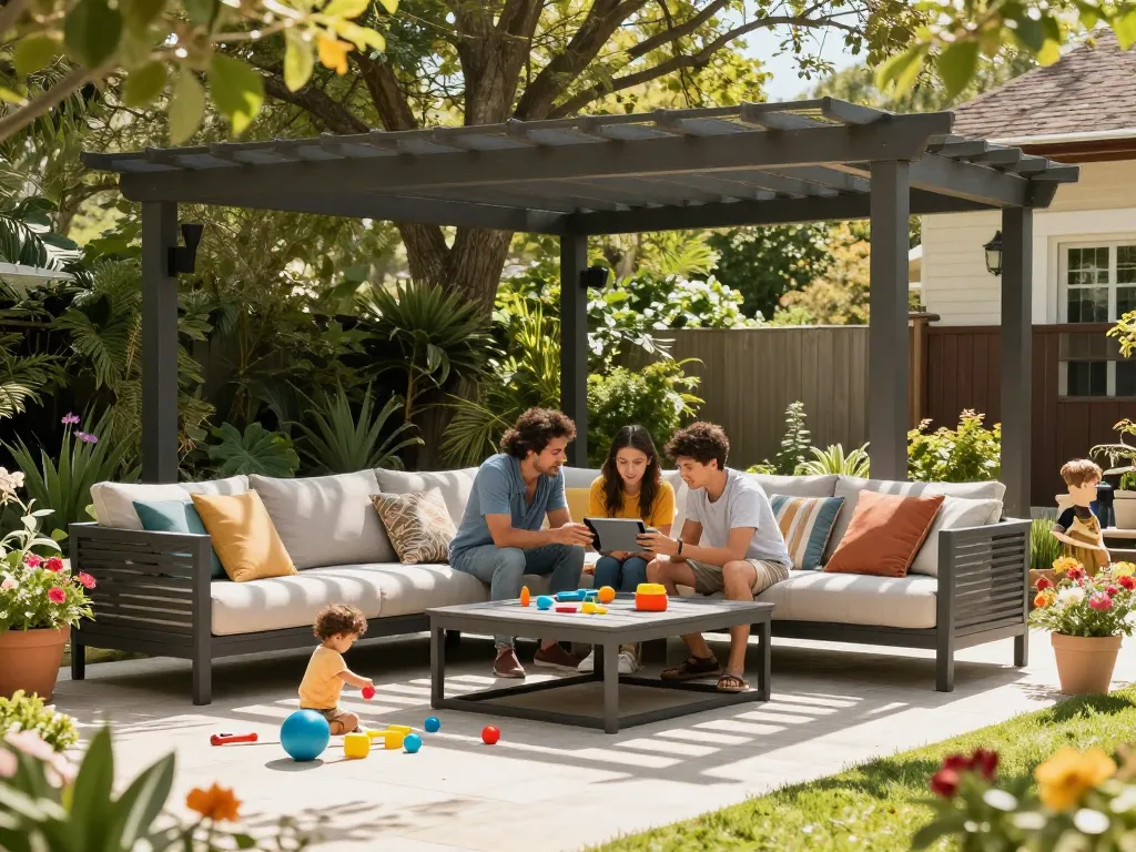 Custom pergola configurator in action as a family designs their dream backyard structure.