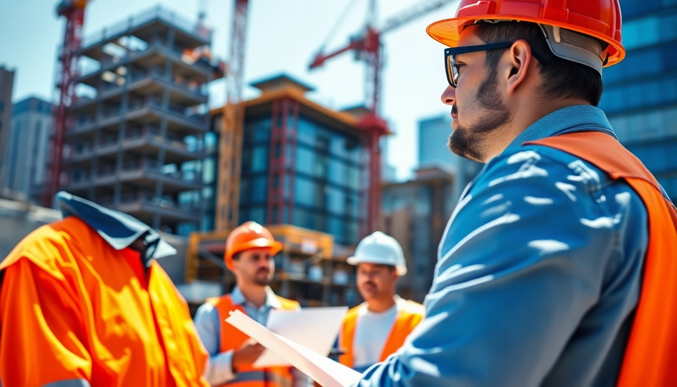 A New York Construction Manager collaborating with a team on an active urban construction site.