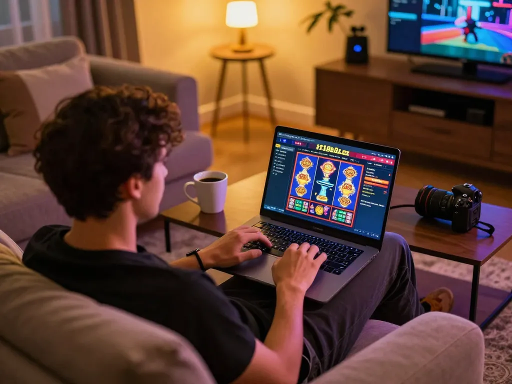 Engaging online gaming moment on f168biz.com with colorful slots and cozy home setup.