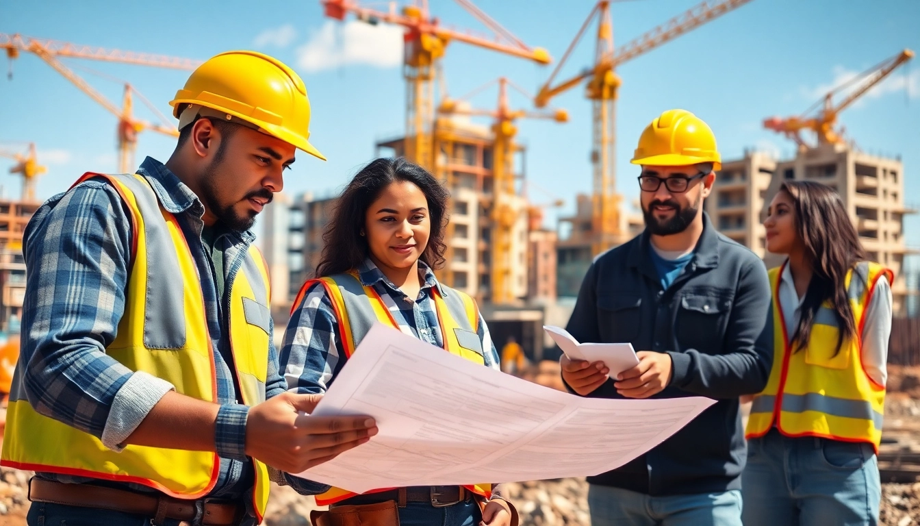 Construction apprenticeship with apprentices collaborating on-site with tools and blueprints.