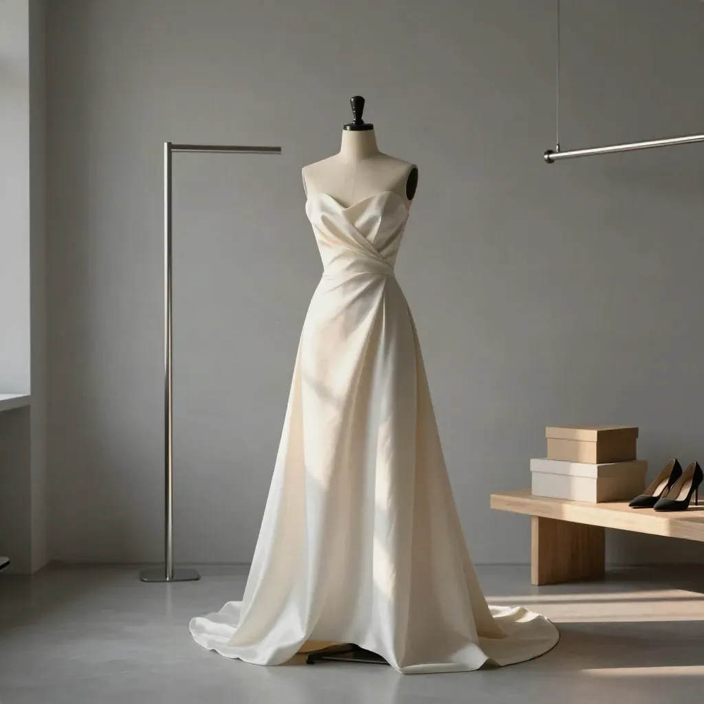 Ivory gown on a dress form in a moody styling room with chrome rack and closed heel boxes.