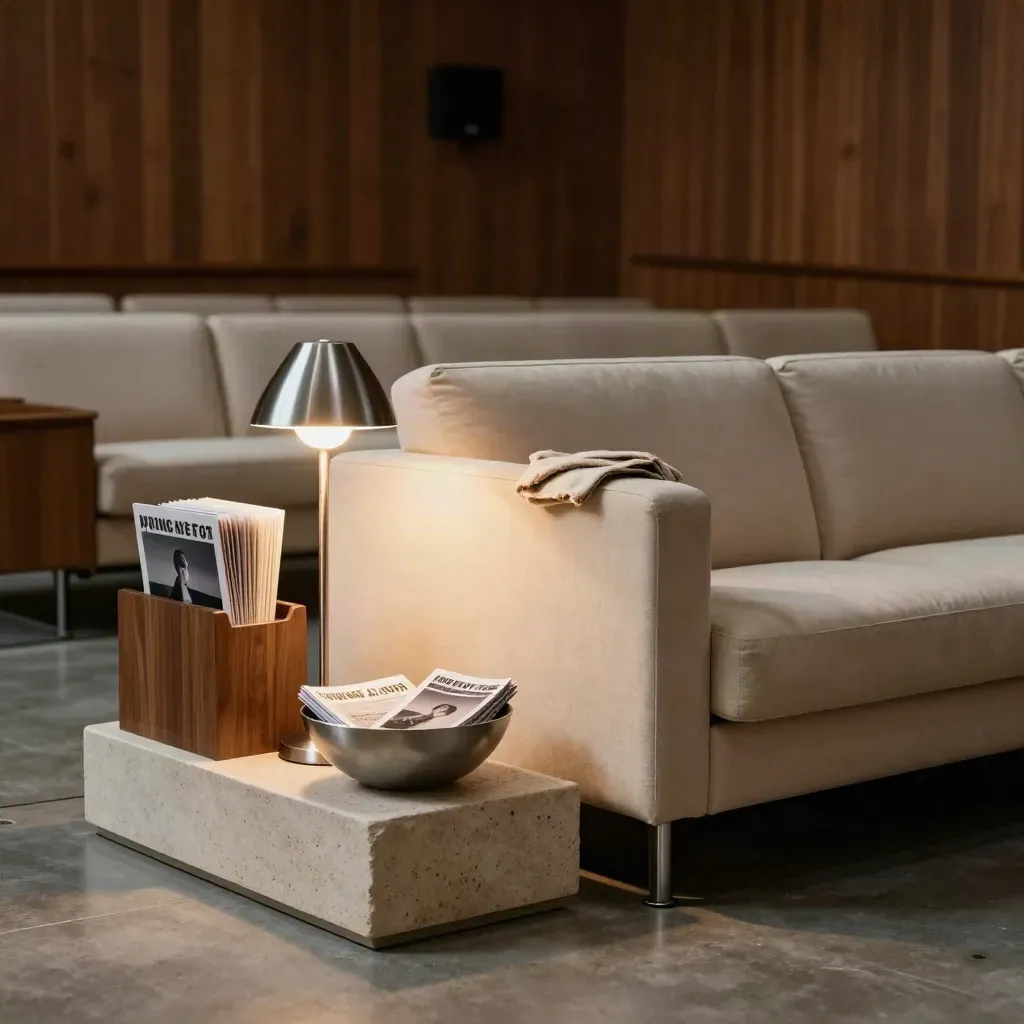 Quiet cinema lounge corner with a glowing lamp, cream sofa, and turned-away posters.