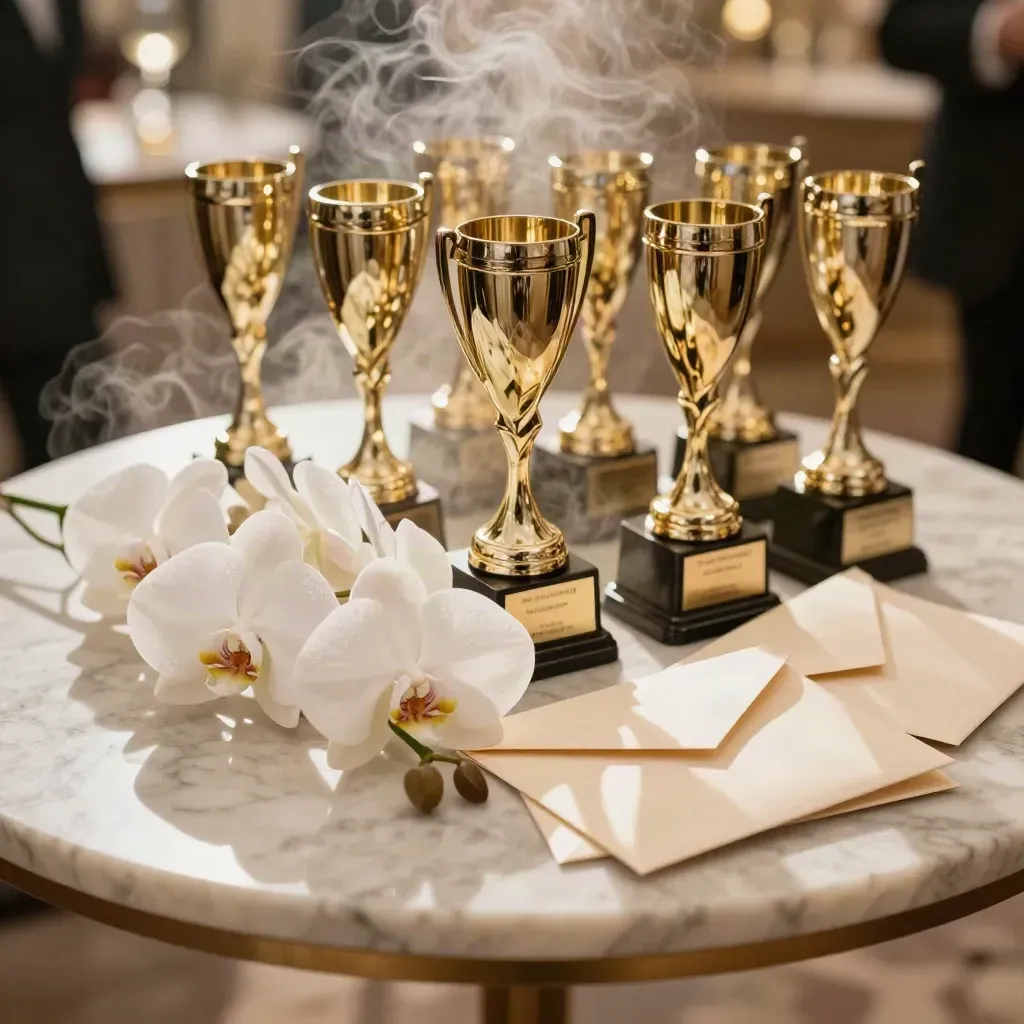 Gold award statuettes and orchids on a marble table with haze after a ceremony