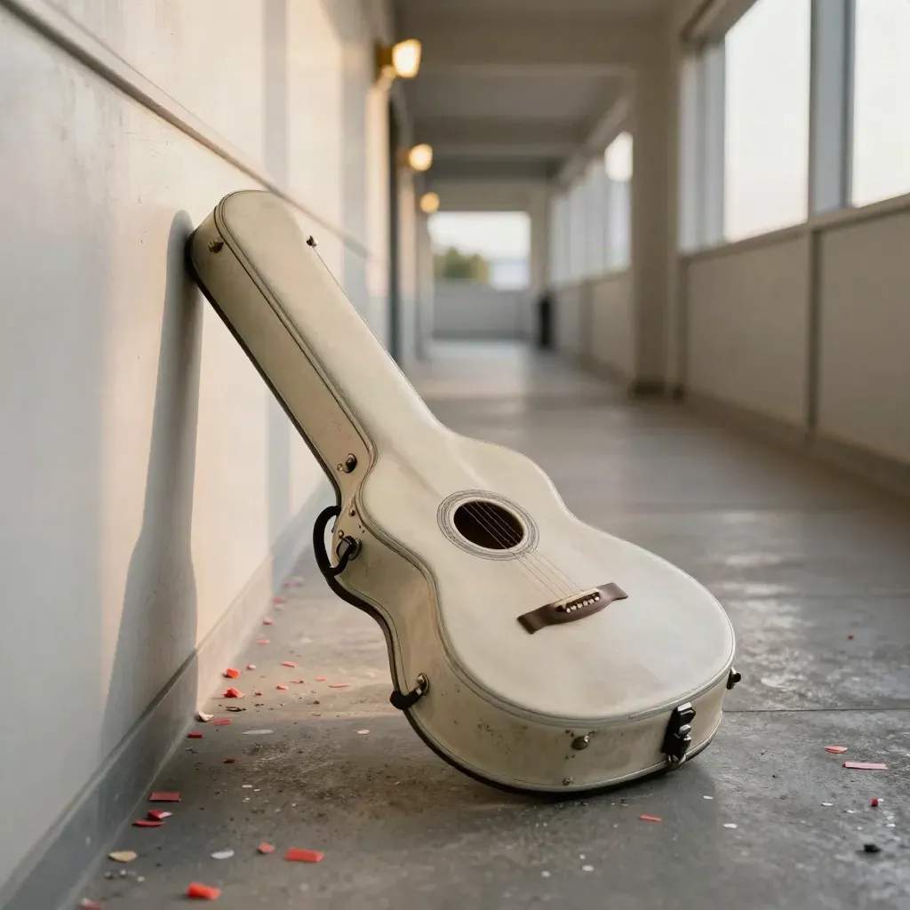 Guitar case in a hazy stadium hallway as confetti skitters toward distant lights.