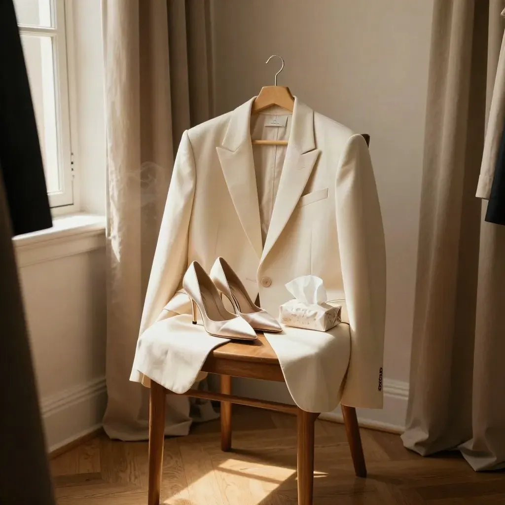 Cream blazer, satin heels, and garment bag in a cozy fitting room corner