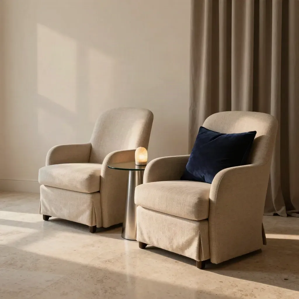 Two empty chairs and a glowing lamp in a warm interview studio set