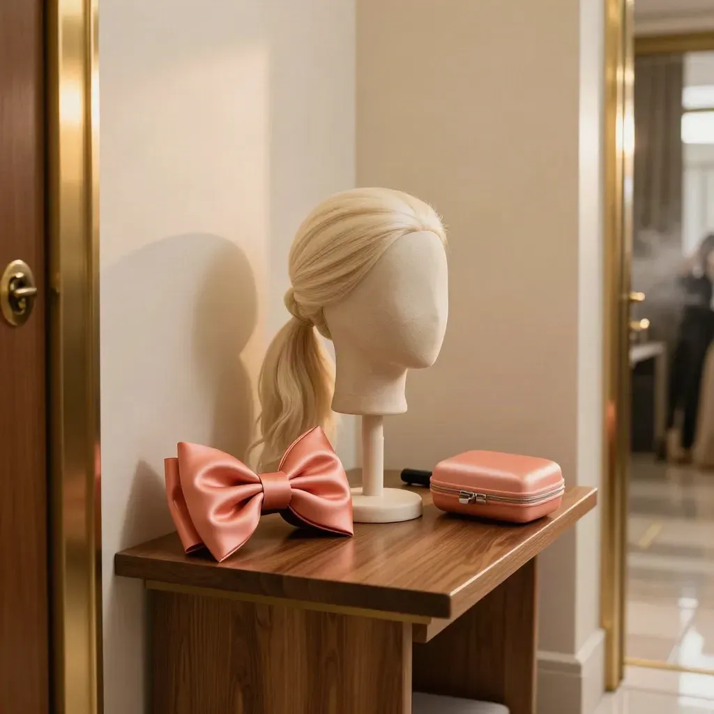 Hairpiece, satin bow, and mic case in a warm rehearsal hallway