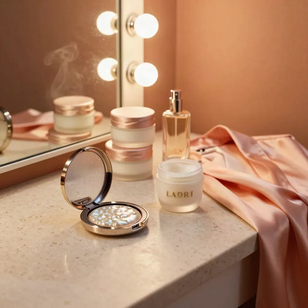 Beauty vanity with compact, frosted glass, stacked jars and peach robe in soft mirror glow.