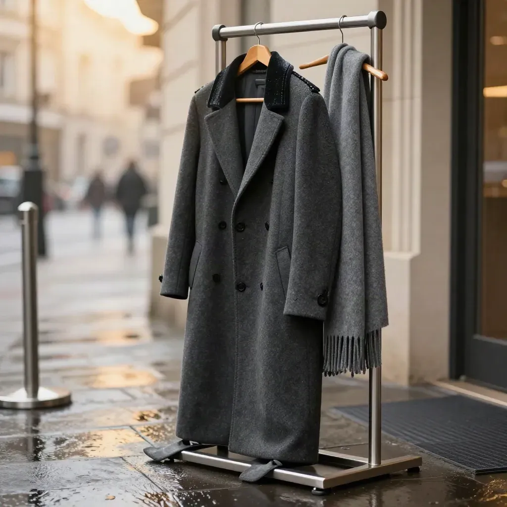 Wool coat on rack beside folded scarf over wet pavement with marquee reflections