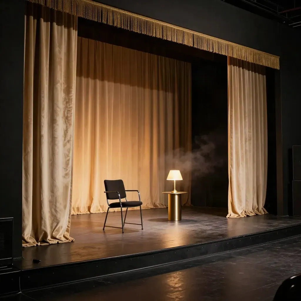 Dim studio doorway with glowing curtain, chair silhouette, and a lamp in hazy side-wing view.