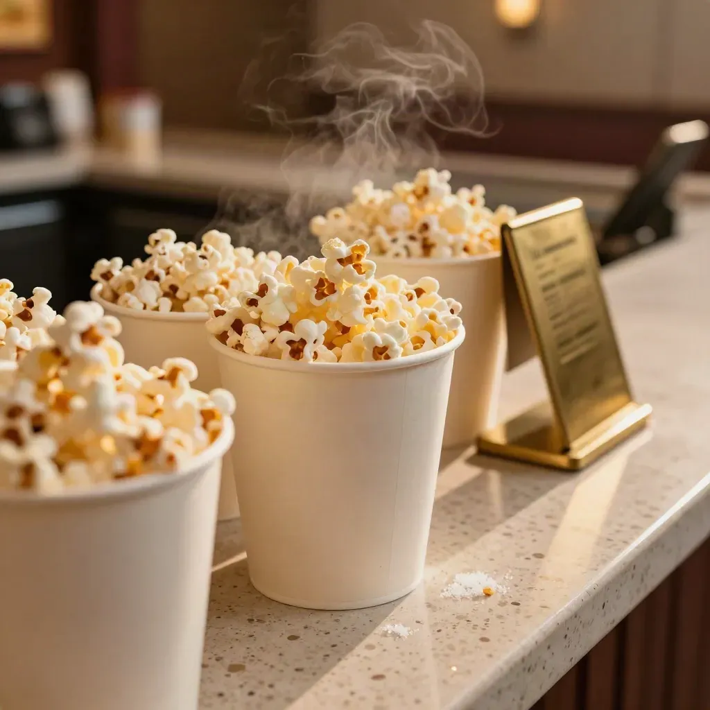Cinema lobby counter with popcorn tubs, brass stand, and terrazzo surface in warm light.