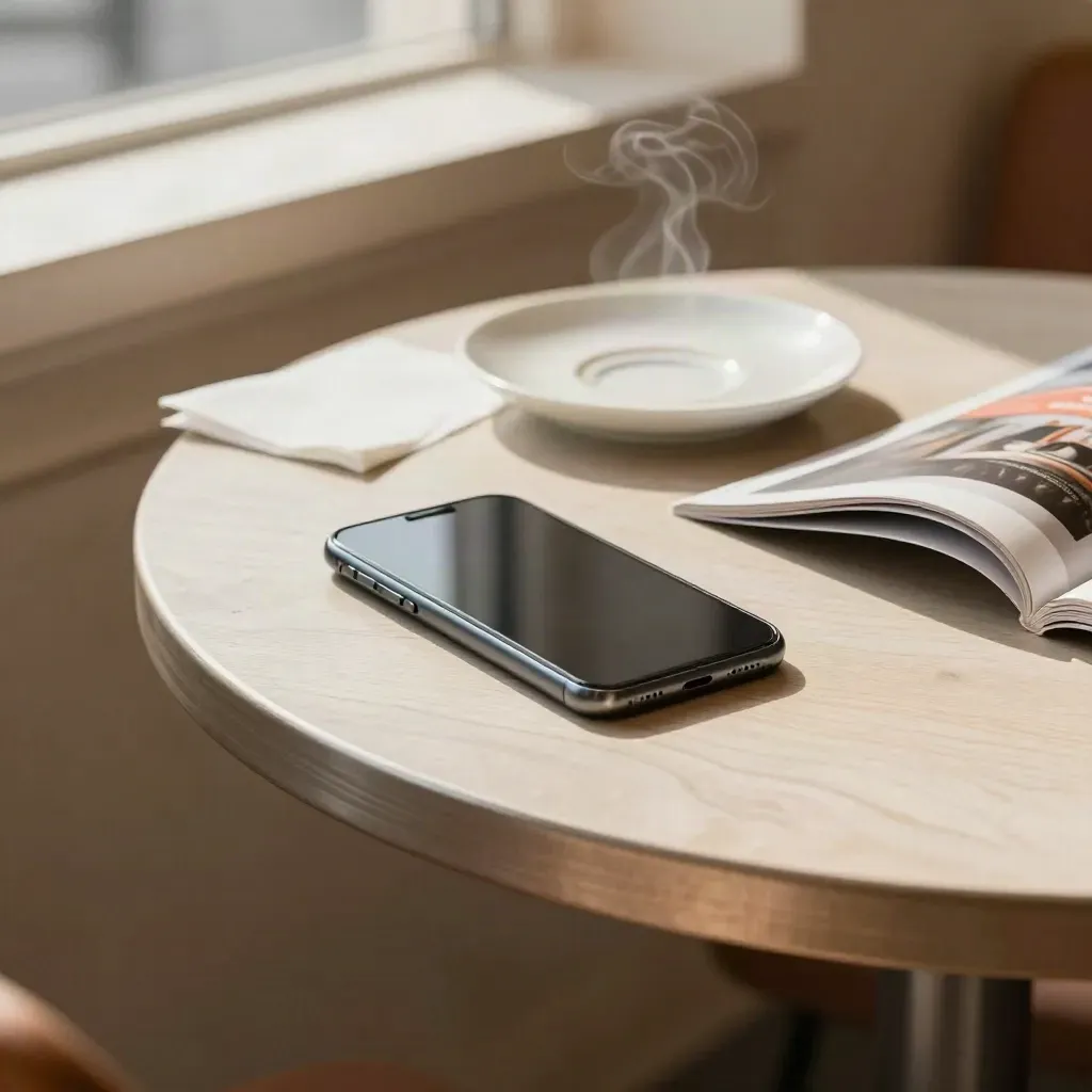 Face-down phone, saucer, napkin and magazine edge on a bright cafe table with soft steam.