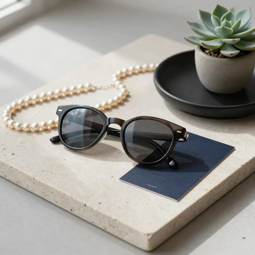 Overhead flatlay of sunglasses, pearls, dish, and succulent on pale stone