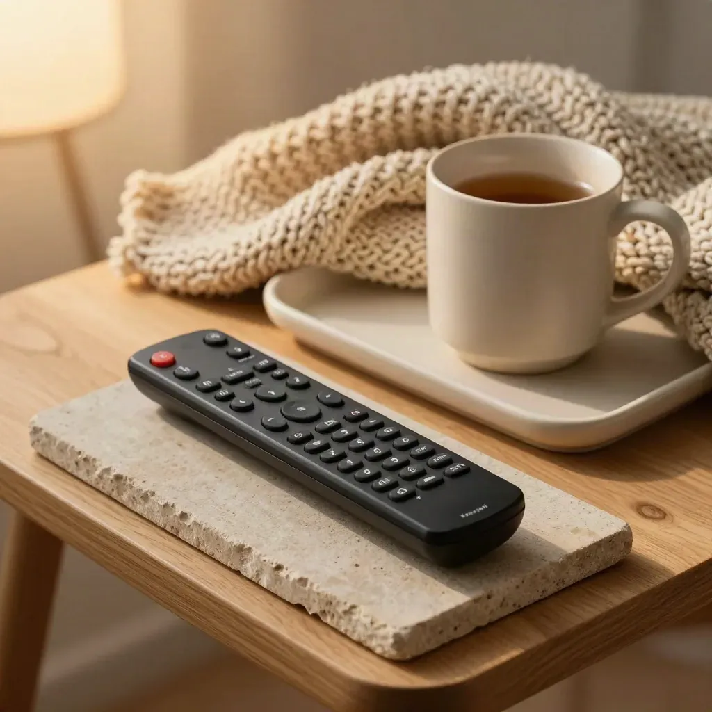 Black remote, cream mug, knit throw and tray on a light oak side table in warm evening light.
