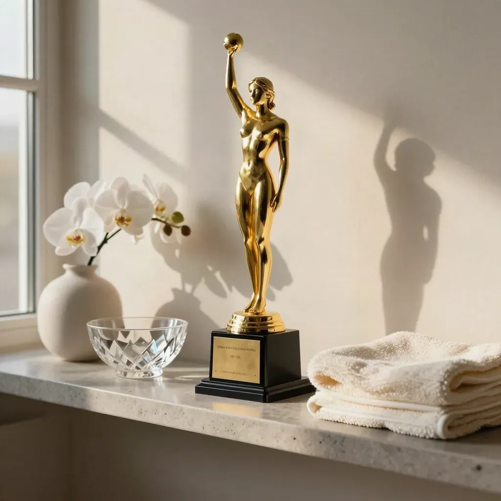 Gold trophy with orchids, crystal bowl, and folded towel on a stone shelf