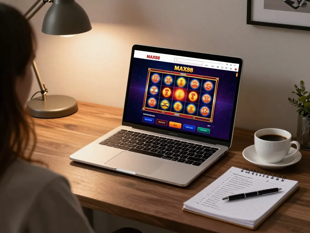 MAX88 online casino interface on a laptop showcasing exciting slot reels, enhancing gaming strategy in a cozy home setting.