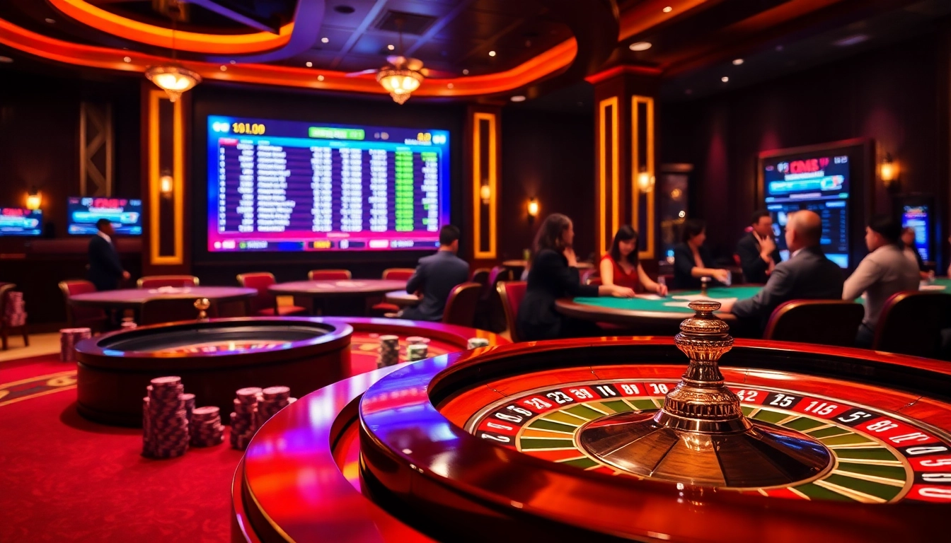 Experience the thrilling atmosphere of QQ88pro Vip with poker chips and a spinning roulette wheel.