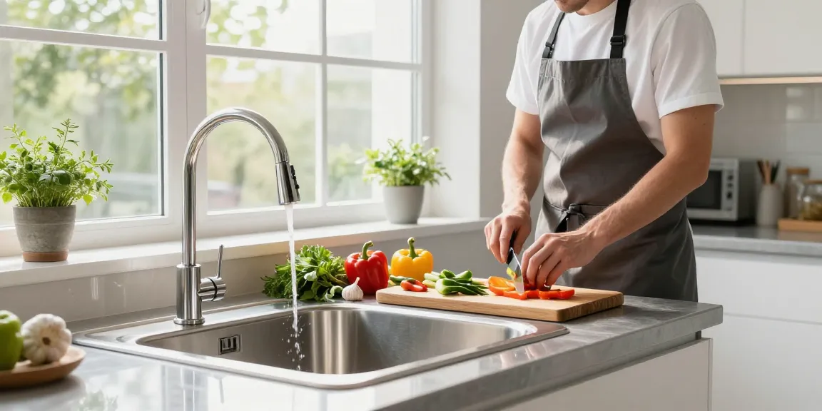 Stylish kitchen sink in stainless steel with fresh vegetables being prepared, showcasing modern culinary design.