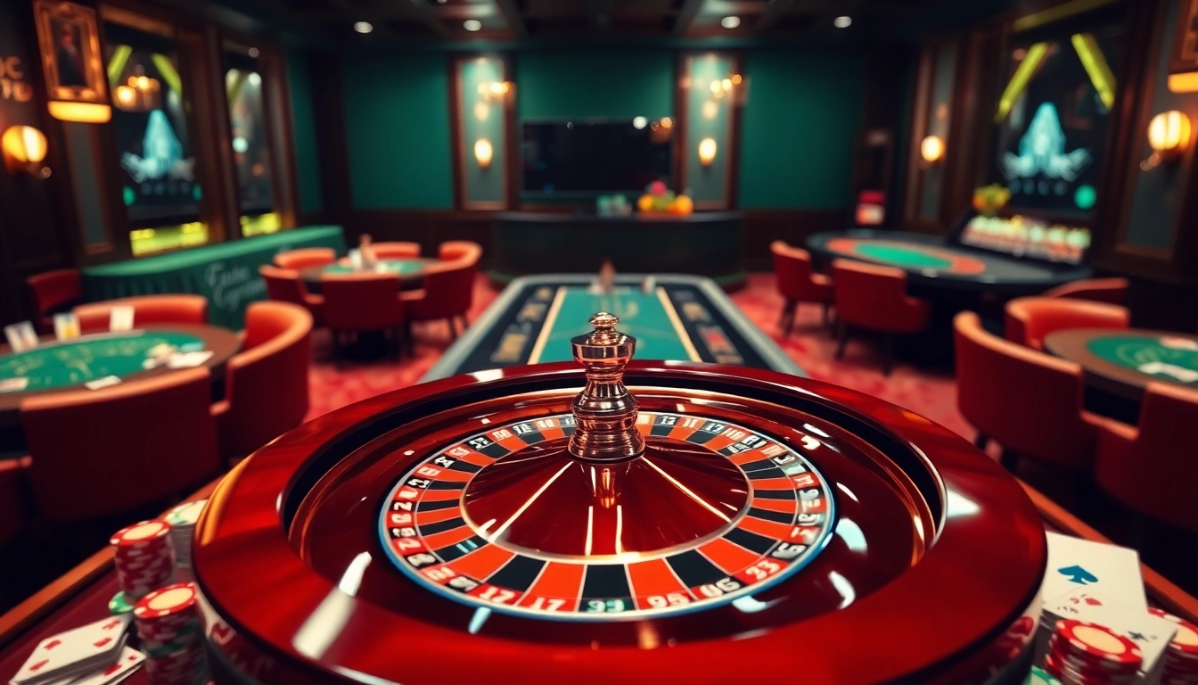 Experience the excitement at https://f168.tools/, featuring a luxurious casino setting with a roulette wheel, poker chips, and playing cards.