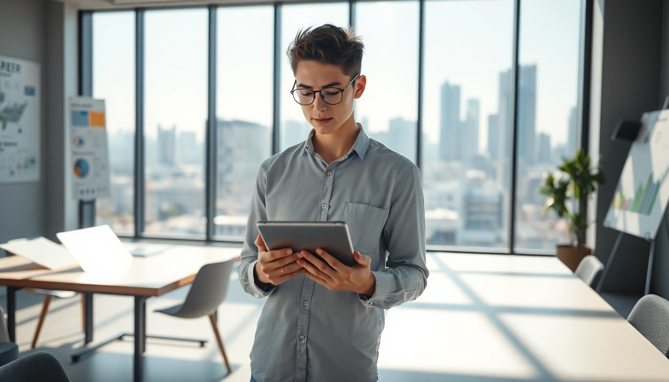 A professional evaluating their ideal career with inspiration and ambition in a modern office.