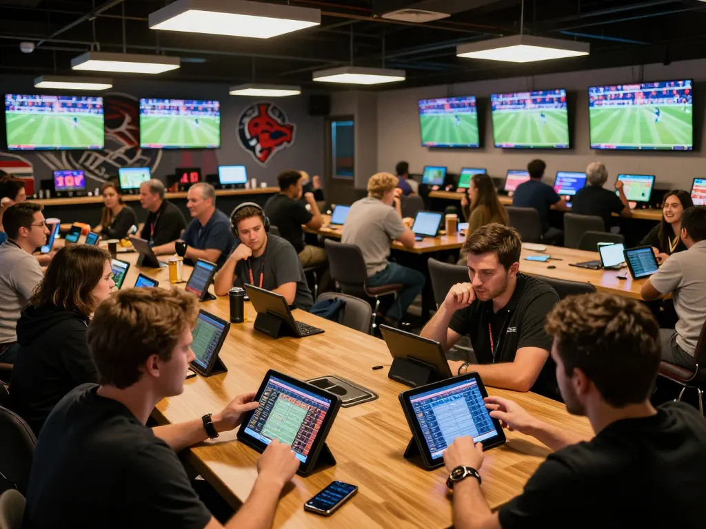 Engaged bettors utilizing the 90phut platform for strategic analysis during a live sports betting event