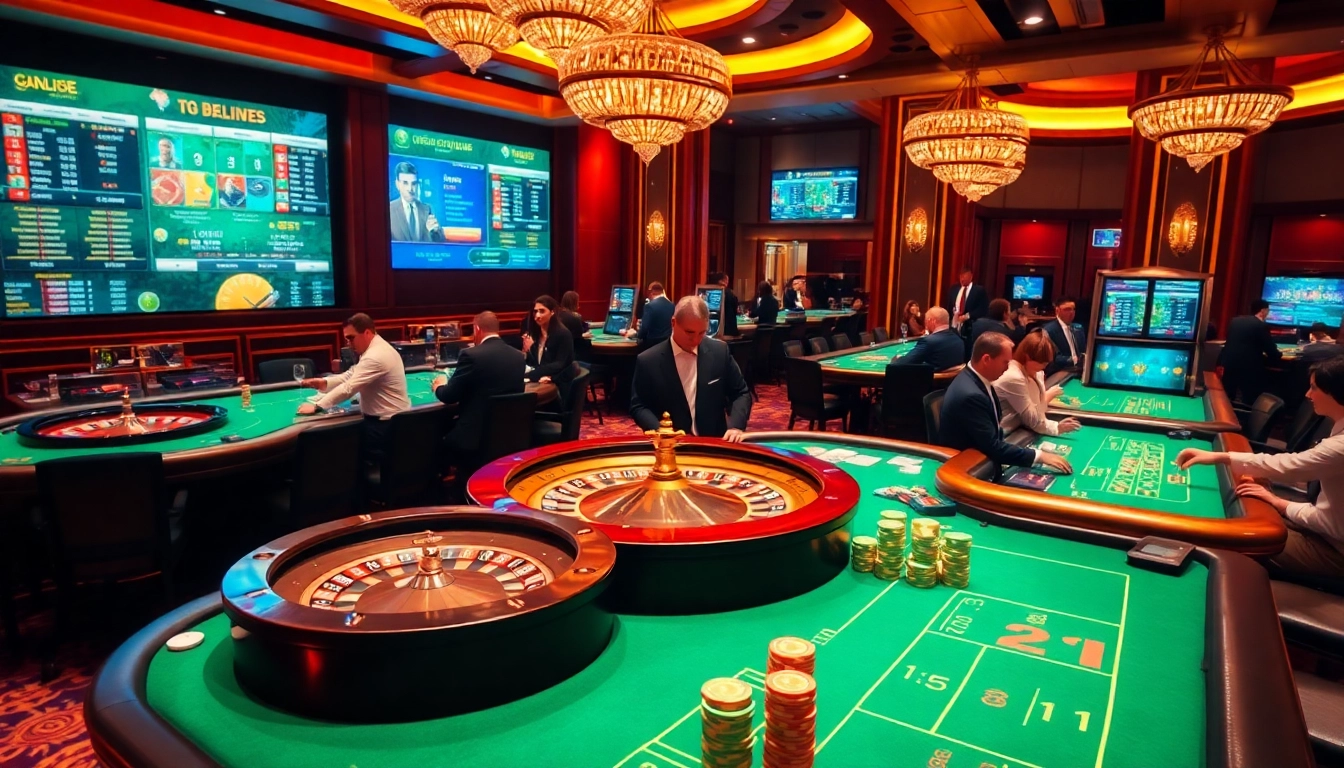 Gamblers enjoying a thrilling casino experience at https://open88.mobi/ with poker chips and roulette wheels.