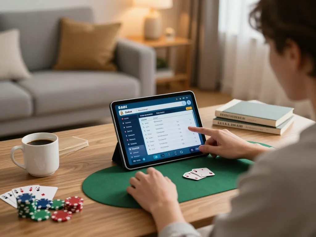 Sky88 uy tín online poker gameplay on a tablet, showcasing strategy and engagement in a cozy home setting.