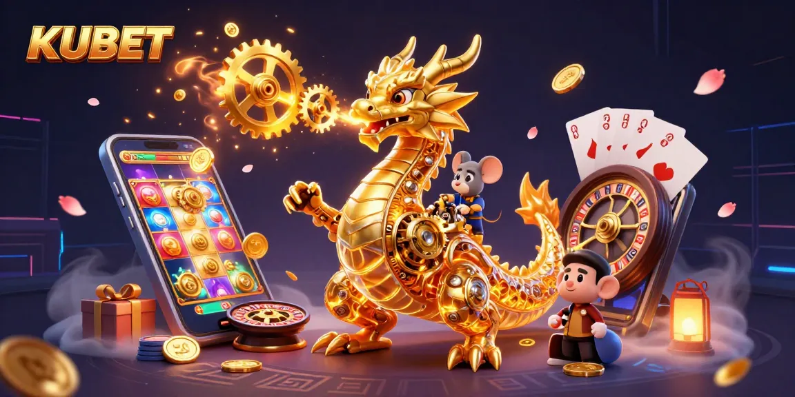 KUBET enhances gaming excitement with a golden dragon amidst vibrant casino elements, showcasing thrilling gameplay.