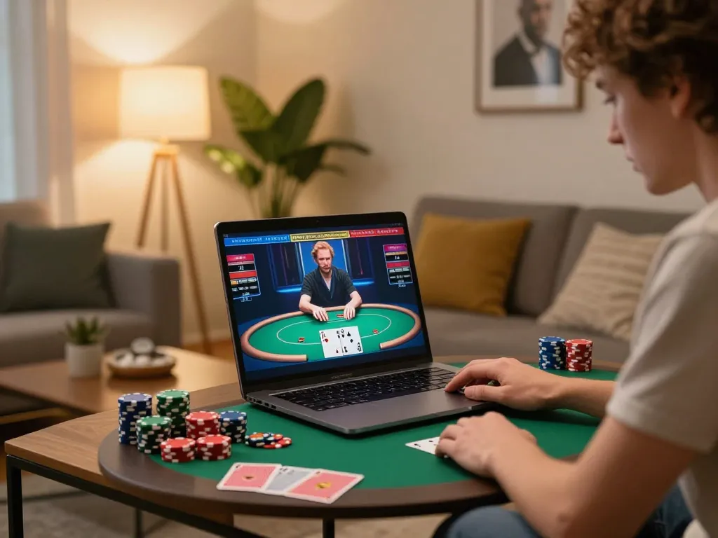Engaged player strategizing in online poker, highlighting Vk88 uy tín and responsible gaming.