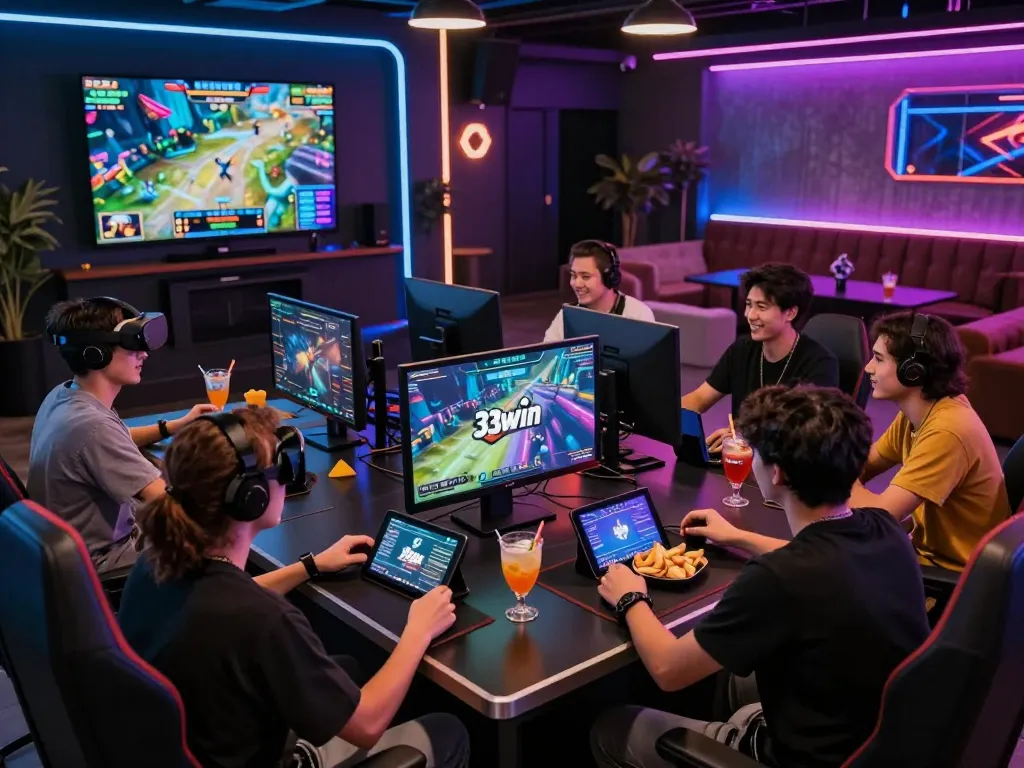 Diverse group enjoying 33win gaming experience in a modern gaming lounge.