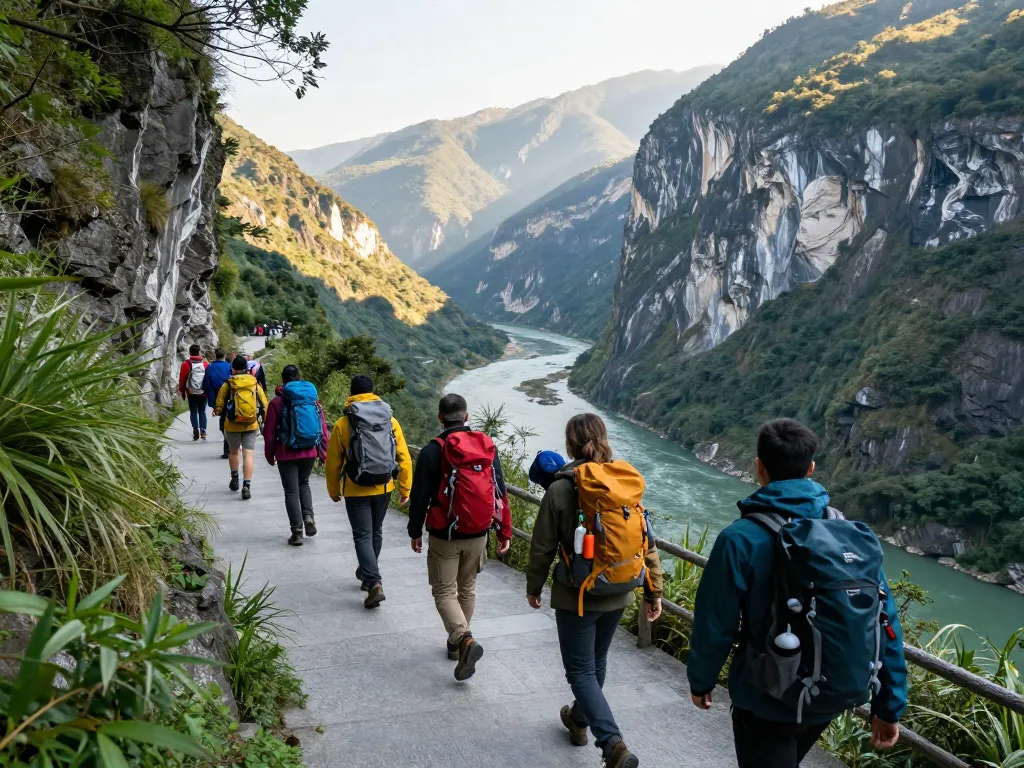 Adventurers exploring Taroko Gorge Taiwan, scenic trails, stunning marble cliffs.