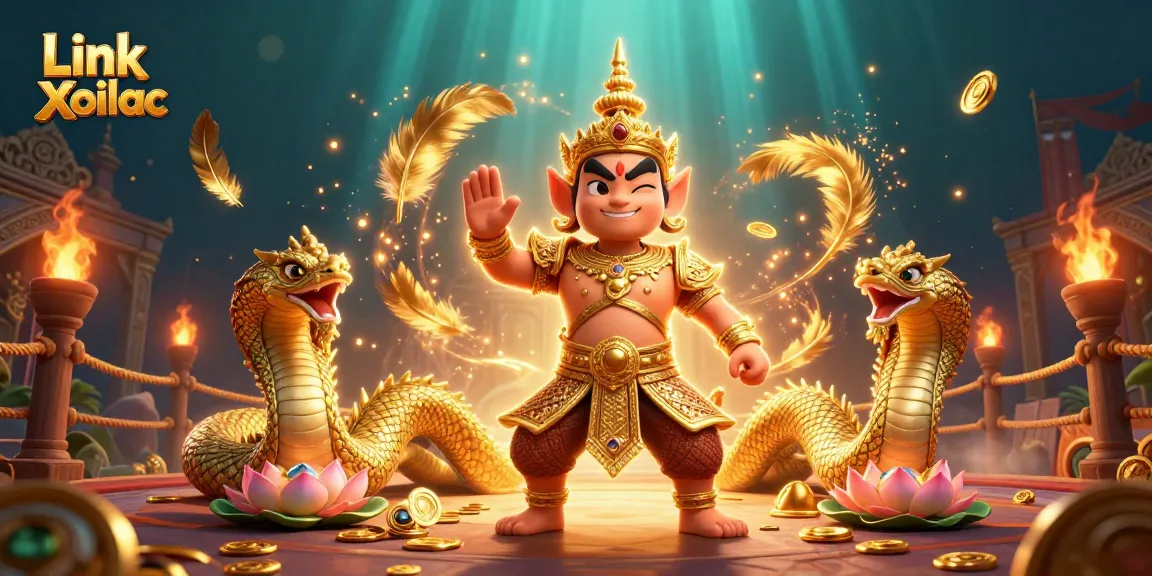 Engage with Link Xoilac as a cartoon guardian and Naga create an energetic casino atmosphere.