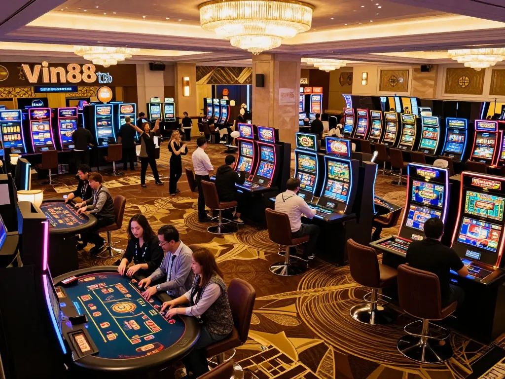 Experience Vin88 uy tín with players engaged in dynamic casino gameplay surrounded by vibrant decor
