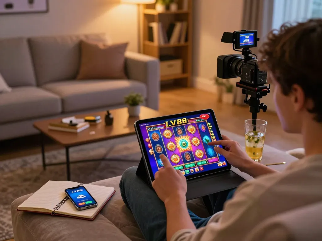 Engaging with LV88 link on a tablet for online casino play in a cozy home environment.