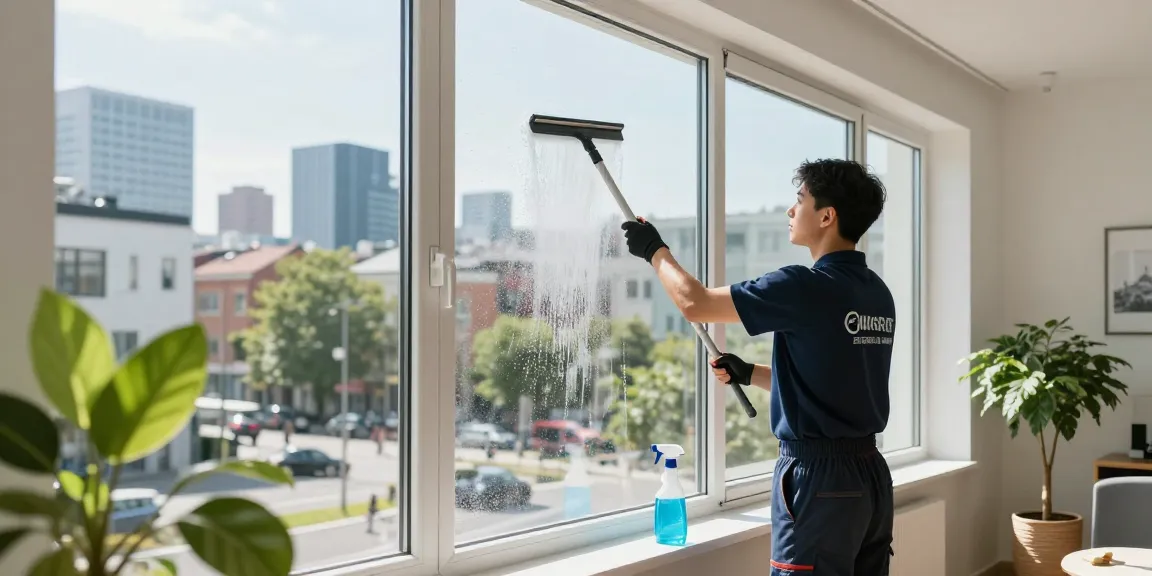Professional window cleaner demonstrating glasreinigung preis in an urban apartment, showcasing sparkling glass and city views.