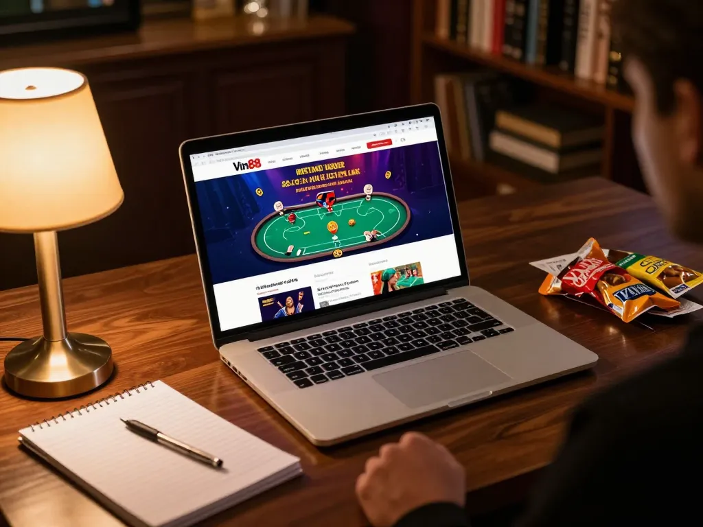 Engaging online gameplay at Vin88 uy tín features vibrant poker game interface alongside personal notes and snacks.
