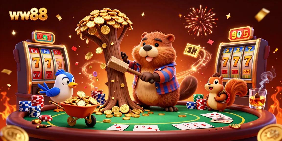 Engage in thrilling slots action at ww88 with cartoon characters collecting golden coins amidst rich casino elements.