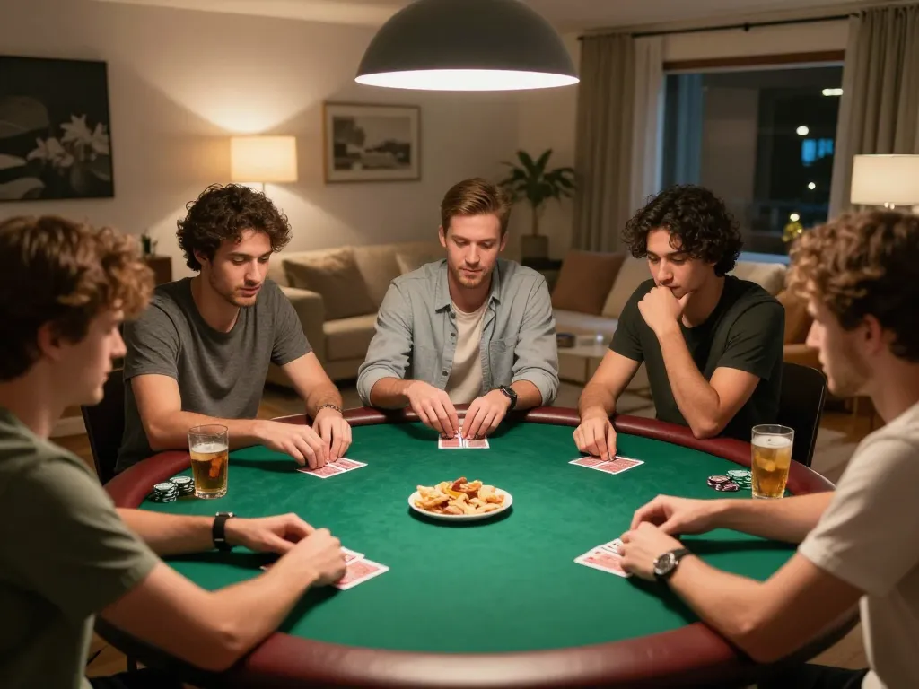 GG88 players enjoying a tense poker night, reflecting strategy and camaraderie in a cozy atmosphere.