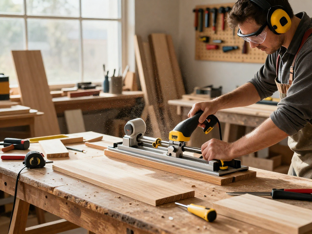 Woodworker using the DeWalt DW733 thickness planer in a bright workshop filled with wood and tools.