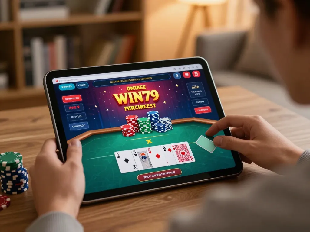WIN79 player strategies poker on tablet in cozy home while managing bankroll.