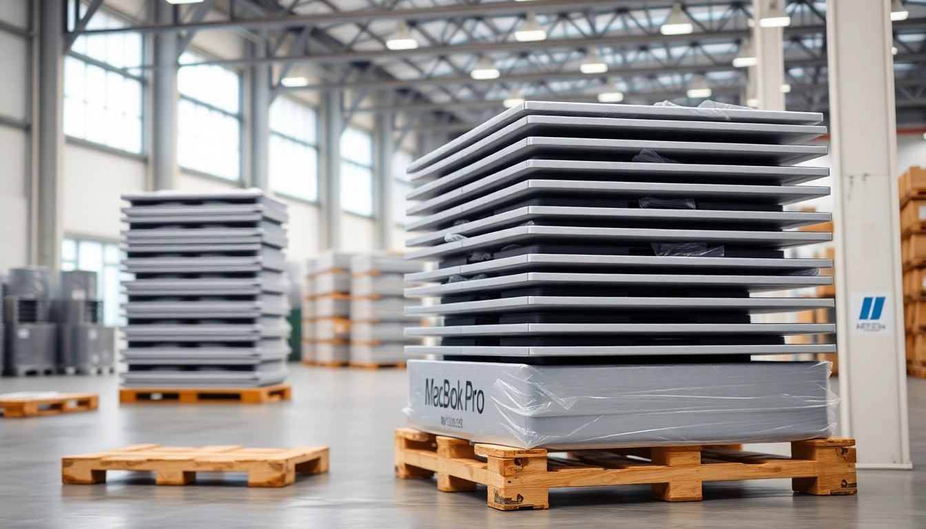 Showcasing MacBook Pro pallets for Sale in a bright, organized warehouse.