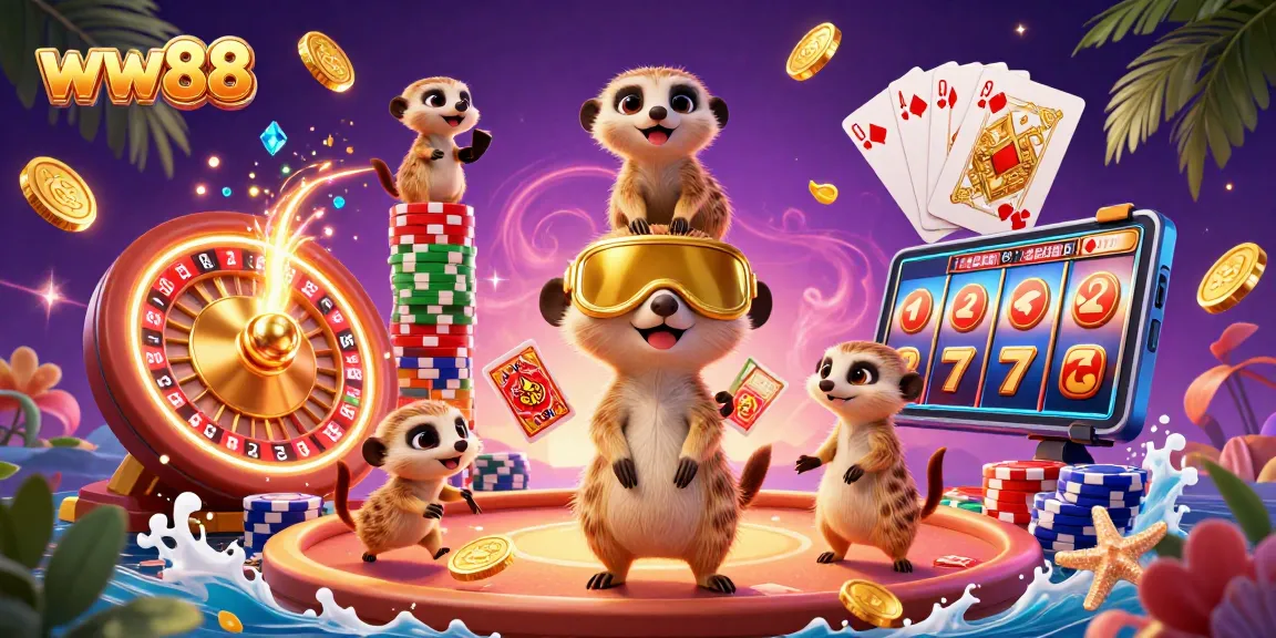 Experience the dynamic excitement of WW88 casino with meerkats in a vibrant 3D scene showcasing games and winnings.