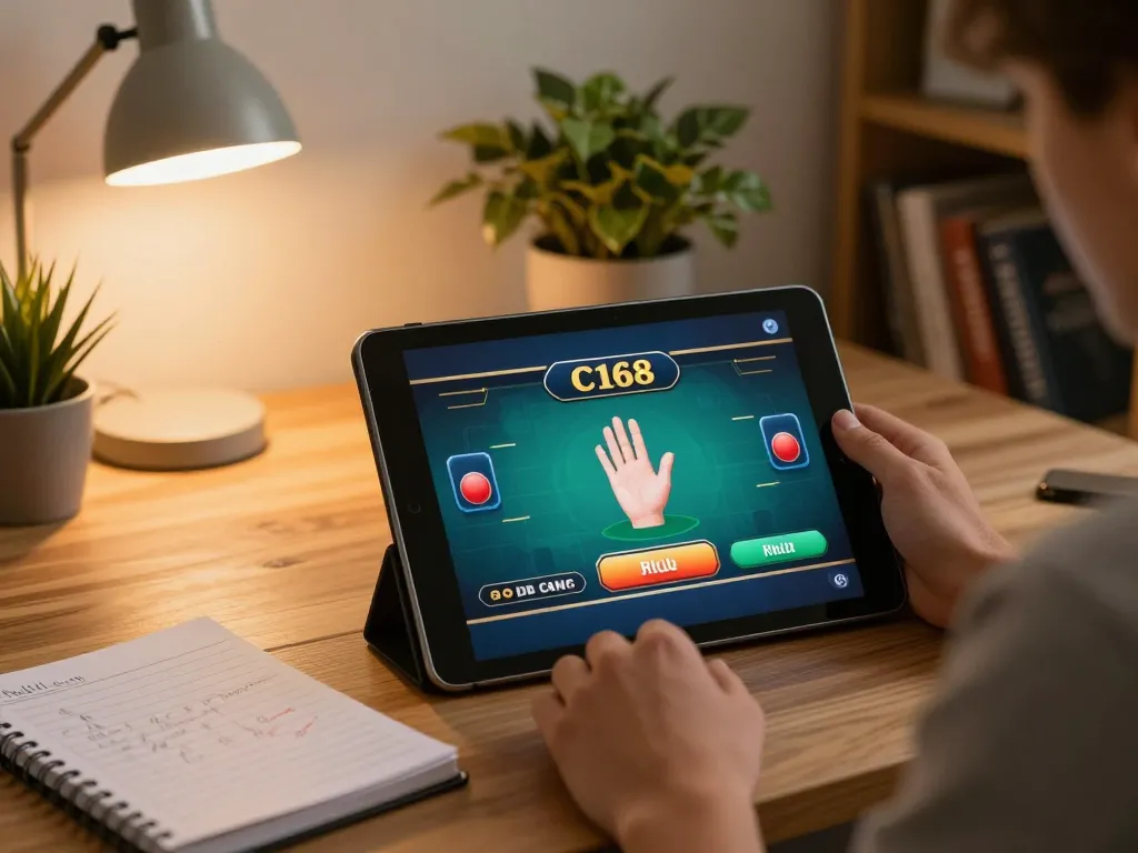 C168 online poker gameplay on tablet showing betting options in a cozy home environment