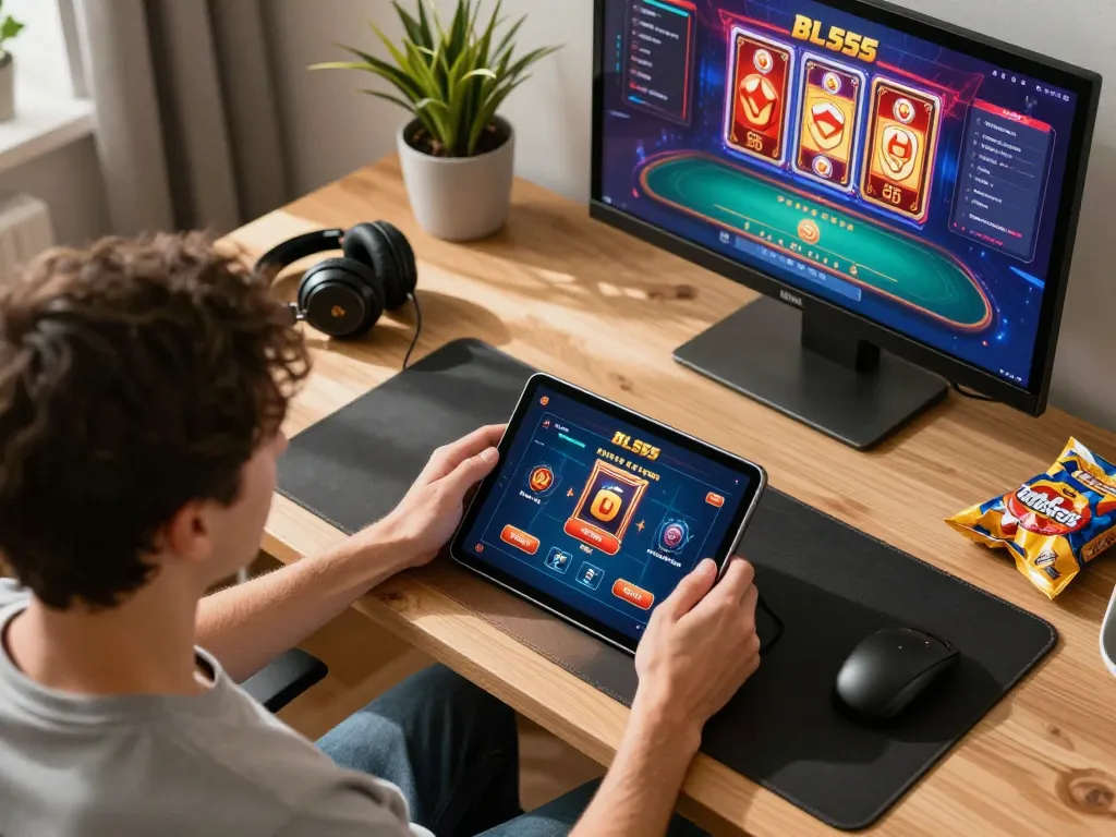 Player enjoying the BL555 casino app during an exciting online gaming session at home