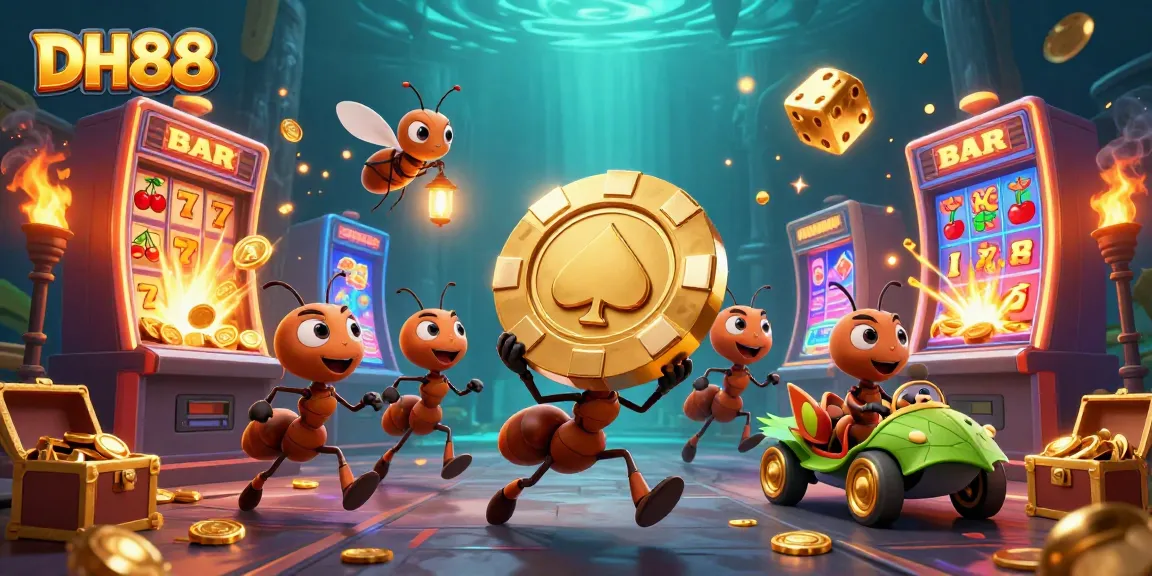 Ants executing a heist with a giant poker chip, spotlighting DH88 branding in a vibrant casino scene.