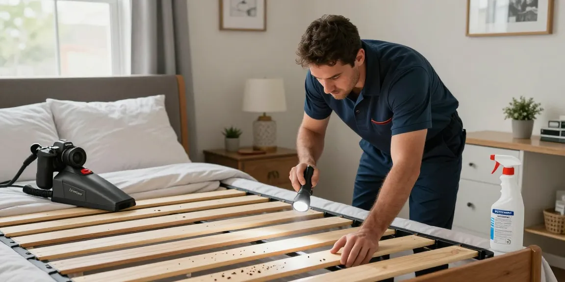 Expert bed bug treatment in a Milwaukee bedroom with an exterminator inspecting for infestations.