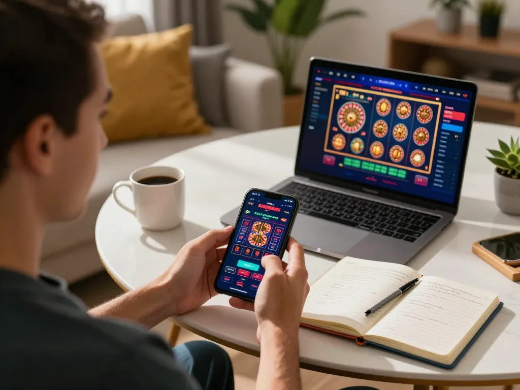 Gamer enjoying RR88 mobile casino app in a cozy home setting while using a laptop for strategies.