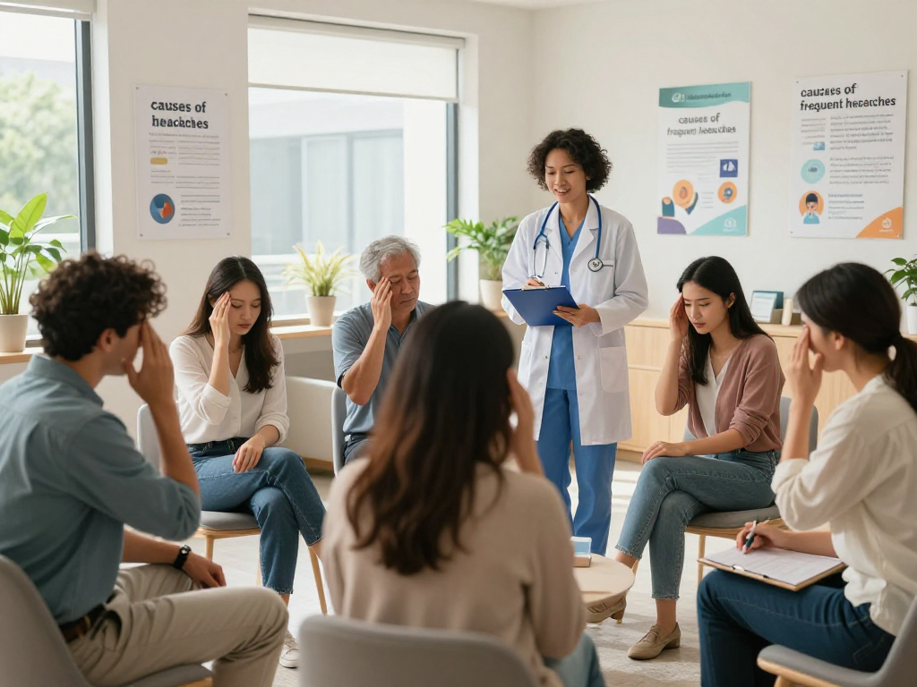 Patients discussing the causes of frequent headaches with a healthcare professional in a bright clinic.